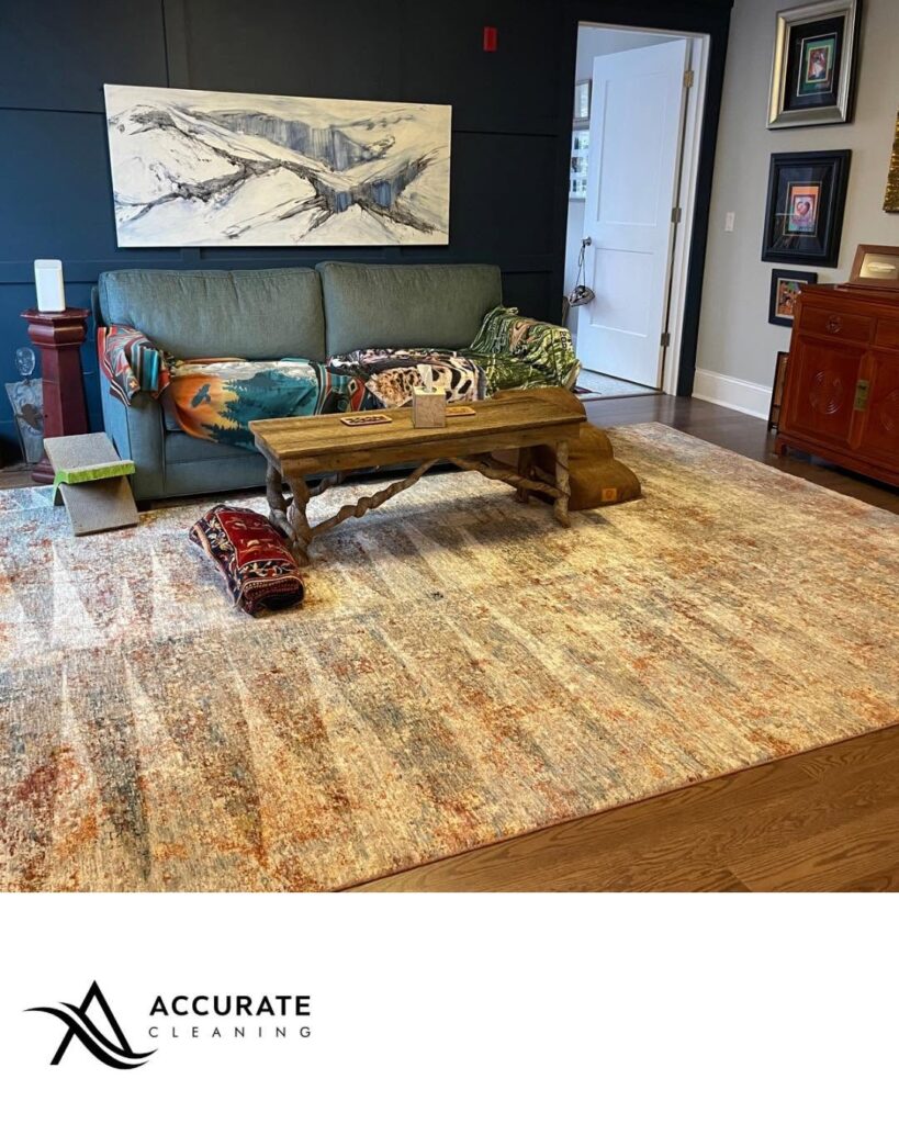 Tidy living room with area rug and coffee table